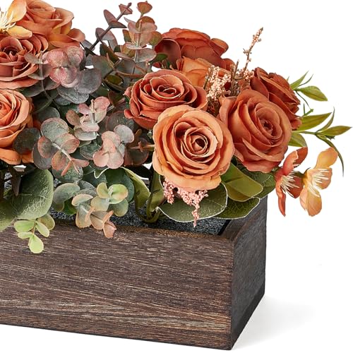 Dahey Centerpiece Table Decorations for Dining Room Farmhouse Living Room Fall Table Centerpieces Decor Wood Tray with 3 Artificial Flowers and 2 Eucalyptus for Kitchen Table, Orange - color: Orange