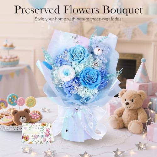 Preserved Flowers Bouquet with Bear, Real Forever Flowers for Delivery, Long-Lasting Blue Eteranl Roses Bouquet, Anniversary Birthday Gifts for Women Mom Her Girlfriend Wife - color: Blue