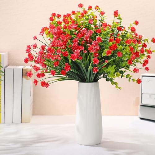WILLBOND 12 Bundles Artificial Flowers Outdoor, UV Resistant Faux Artificial Plants Shrubs Plastic Flower Bulk for Hanging Planter Porch Window Home Spring Summer Decor(Red) - color: Red