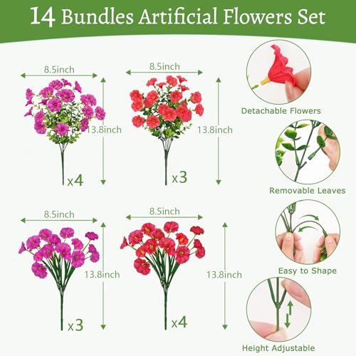 Artificial Flowers for Outdoors, 14 Bundles Fake Outdoor Flowers, UV Resistant Artificial Outdoor Plants & Flowers for Decoration, Colorful Morning Glory for Garden Porch Yard Patio, Fuchsia & Red - color: Fuchsia & Rose Red, size: 14 Bundles