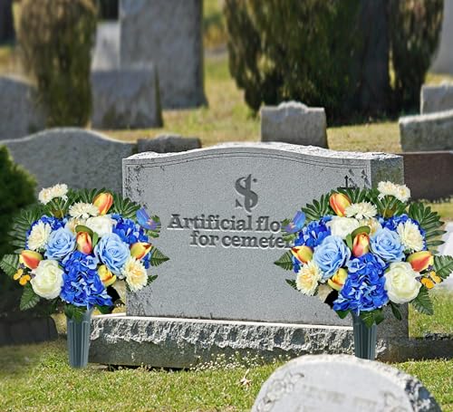 Artificial Cemetery Flowers for Grave,Memorial Flowers Bouquet with Vase for Headstones Decoration,Blue Rose Tulip Hydrangea - color: Blue