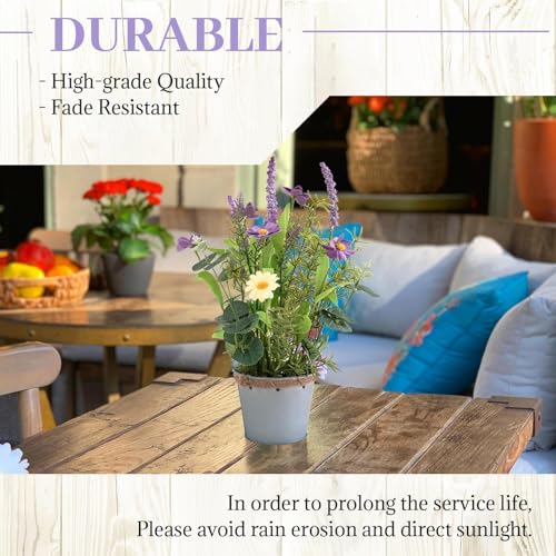 Artificial Flowers Potted, 12.2'’ Flower Arrangement w/Daisy & Lavender in Metal Pot, Fake Plants for Home Wedding Restaurant Dinner Decoration Shelf Table, Purple & Green - color: Purple 02
