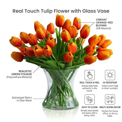 Real Touch Artificial Tulips with Glass Vase and Acrylic Water, 40 Pcs Fake Tulip Flowers Bouquet for Home Office Decor, Silk Flowers Arrangements for Dining Table Wedding Centerpiece (Orange) - color: Orange