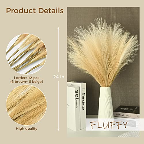 U-LIAN 12PCS Faux Pampas Grass 24 Inch, Small Artificial Pampas Grass Decor for Vase, Fake Fluffy Floral, Artificial Dried Flowers, Dry Plant Home Wedding Boho Decor(Beige&Brown Gradient) - color: Beige&brown Gradient, size: 24"-12 PCS