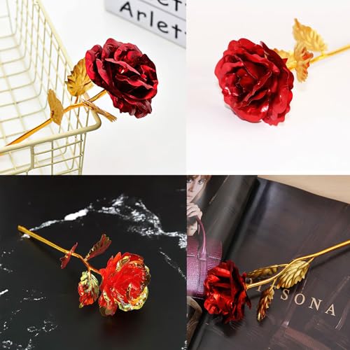 24K Red Rose Flower Creative Artificial Gold Dipped Rose Long Stem Forever Rose with Gift Box and Bag for Mother's Day Valentine's Day Birthday Anniversary Thanksgiving Day
