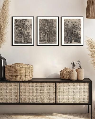 PHOPAGO Vintage Tree Framed Wall Art Retro Forest Wall Decor Nature Wilderness Sketch Paints Modern Bedroom Living Room Decor - 11x14in Black Framed - color: Brown Tree, size: 14L" x 11W" x 3 Pcs Black