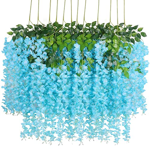 12 Pack Wisteria Flower Vines Garland, 3.75 Ft Artificial Flower Strings, Fake Hanging Flowers, Silk Wisteria Garland Flowers, Flower Vine for Wedding Garden Decor (Blue) - color: Blue