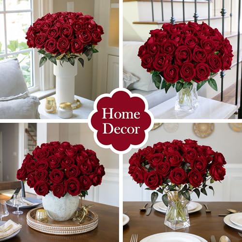 50 PCS Burgundy Roses Artificial Flowers, Real Looking Fake Roses with Long Stems Silk Flowers for DIY Wedding Bouquet Party Celebration Home Bridal Baby Shower Decoration Birthday Gift for Her Wife - color: Burgundy