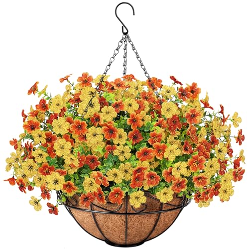 Artificial Fake Hanging Flowers Plants Basket Outdoors, Faux Silk UV Resistant Look Real Daisy Eucalyptus for Spring Summer Garden Porch Home Patio Balcony Yard Decorations, Orange Yellow - color: Orange and Yellow