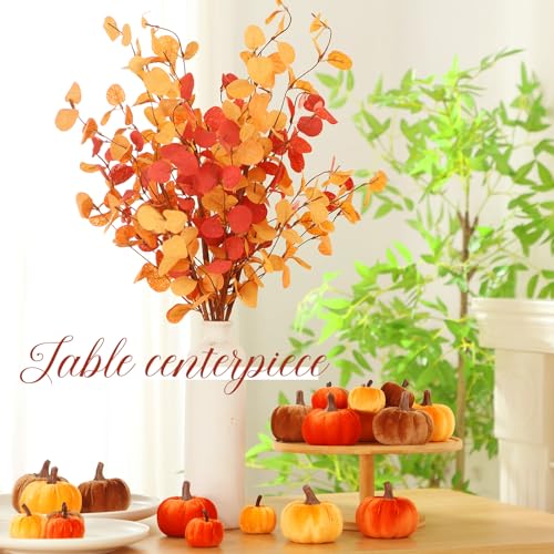 Conelist 24 Pcs Fall Mini Velvet Pumpkin 6 Pcs Autumn Artificial Eucalyptus Stem with Eucalyptus Leaves Artificial Small Pumpkin for Farmhouse Harvest Thanksgiving Party Home Decoration