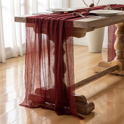 Keketoarrange 10pcs Burgundy Table Runner Valentines Decor Red Cheesecloth Gauze 120 Inch 10 FT Rustic Boho Cheese Cloth Runner for Wedding Baby Bridal Shower Party Long Sheer Spring Home Decorations - color: Burgundy, size: 35"x120"(Pack of 10)