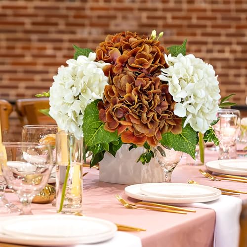 JINWOE Fall Hydrangea Artificial Flowers, 4Pcs 21” Latex Real Touch Flowers, Faux Silk Flowers Fake Artificial Hydrangeas with Stems for Bouquet Table Centerpieces Halloween （Raw Umber Brown） - color: Raw Umber Brown