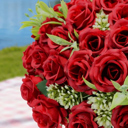 8 Pack Rose Artificial Flowers Bouquet, 10 Small Silk Rose Heads Per Pack, Fake Roses Bunches for Wedding Table Centerpieces Bridal Bouquet Mother's Day Valentine's Day Home Decor, Red - color: Red