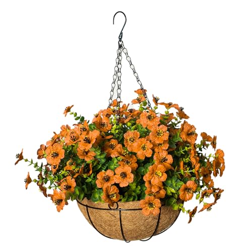 Fall Artificial Flowers for Outdoors with Basket,UV Resistant Realistic Fall Flowers Outdoor Fall Faux Flowers for Yard Porch Patio Garden Home Decor,12 Bundles(Orange) - color: Orange