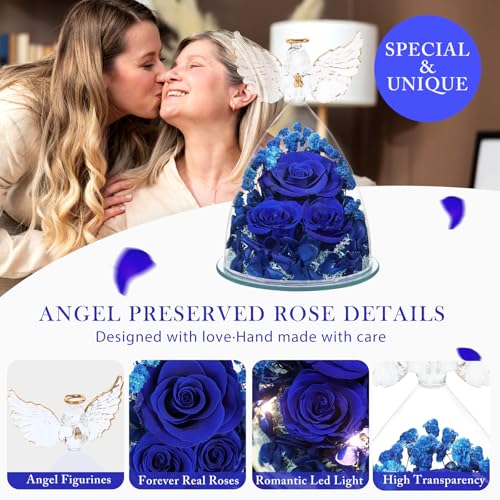 Mothers Day Flowers Gifts for Mom Flowers for Delivery Preserved Flowers Forever Real Fresh Roses in Glass Angel Figurines Birthday Gifts for Women Anniversary Present for Grandma Wife from Daughter - color: Royal Blue (Rose, Baby's Breath, Hydrangea)
