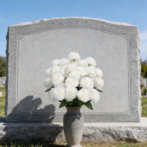Zythrem Artificial Flowers for Cemetery 19" White Flowers Artificial Chrysanthemum Flowers Silk Floral Arrangements for Mother's Day Home Decor Memorial Day Wedding Table Centerpiece 2 Bouquets - color: White1