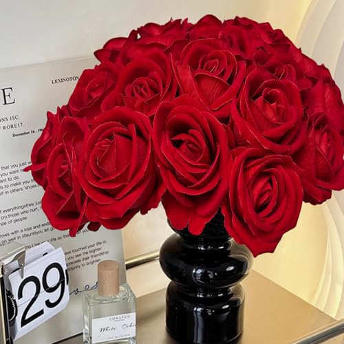 HinyoCo 28 Pcs Silk Roses Artificial Flower， Fake Roses with Stems for Wedding Bouquets Tables Centerpieces Arrangements Party Baby Shower Birthday Home Decor (Red) - color: Red