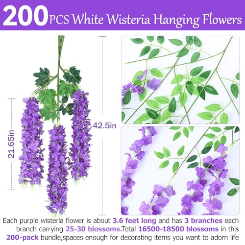200 Pack Purple Artificial Wisteria Hanging Flowers,Fake Hanging Wisteria Garland for Decoration (3.6 Ft/Pcs) - color: Purple, size: 200