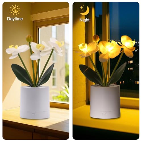 WSYEAR Flower Lamp Christmas Gifts for Her Women Wife Artificial Orchid Flower 3 Branches in White Pot, Realistic Fake Butterfly Orchid Bonsai for Living Room Decor - color: ORCHID