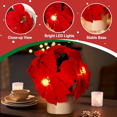 WSYEAR Red Poinsettias Artificial Christmas Flowers Lamp - Holiday Decorations and Ornaments for Xmas, New Year, Wedding Party, Seasonal Decor - color: Red