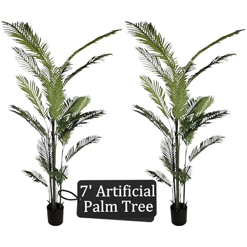 2-Pack Real Touch Faux Olive Tree with 1390 Leaves & 86 Olives, Indoor Potted Fake Plants, Nearly Natural Artificial Plants for Mediterranean Home Decor (Green, 7Ft-Palm Tree) - size: 7Ft-Palm Tree