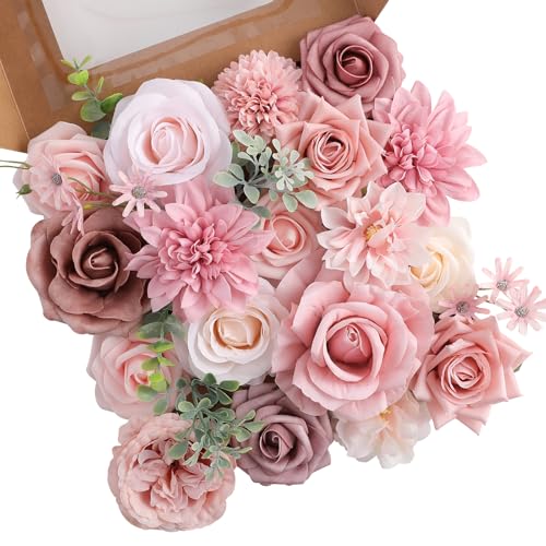 Floweroyal Artificial Flowers Fake Rose Flowers Dahlia with Stems for DIY Wedding Bridal Bouquets, Baby Shower, Floral Arrangement, Table Centerpieces, Home Decorations - color: A Classic Dusty Rose & Dahlia