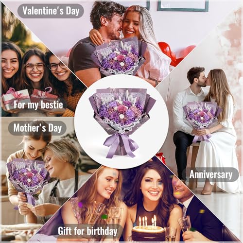 large Preserved flowers Bouquet with Real Roses,Long Lasting flower for delivery prime,Birthday for Women,Wedding,Mother’s Day,Valentine’s Day,Anniversary,Wife,Girlfriend,Christmas Gifts(Purple) - color: Purple