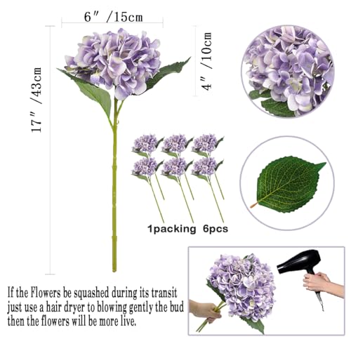 6 Pack Light Purple Faux Hydrangea Flowers, Silk Artificial Fake Hydrangea Stems for Wedding Centerpieces, Home Table Decor & Baby Shower Arrangement - color: Light Purple