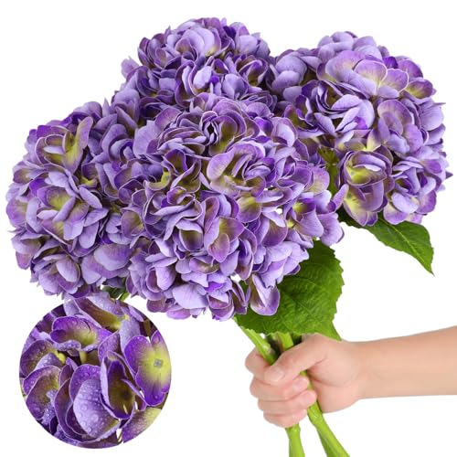 Nubry 4Pcs Purple Hydrangea Artificial Flowers, 22.5In Latex Faux Real Touch Large Hydrangea Flowers with Long Stems & Leaves for Home Office Decor Wedding Party Arrangements(Purple) - color: Purple, size: 4 Pcs