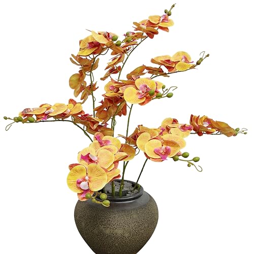 ATFL 8 Pack Orange Orchid Artificial Flowers Real Touch, 32'' Artificial Fake Faux Silk Orchid Stem Bouquets for Wedding Party Home Garden Decor,Orquideas Artificiales para Decora (excluding The Pot) - color: Orange
