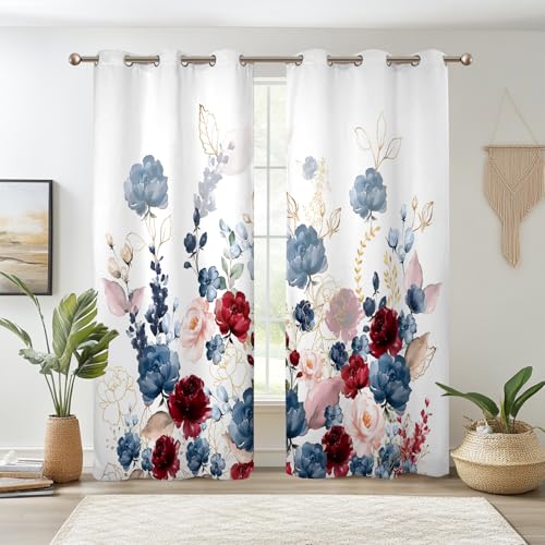 Renaiss Floral Blackout Curtains Watercolor Gray Blue and Red Peony Flower Bloossom Thermal Insulated Window Drapes for Bedroom 29W x 45L inches 2 Panel Set Window Curtains for Kitchen - color: Bold Red, size: 29"W x 45"L (Pack of 2)