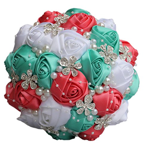 S_SSOY Wedding Bouquet Bride Bridal Brooch Bouquets Bridesmaid Bouquet Diamond Pearl Ribbon Valentine's Day Confession Party Church with Free Corsage Flower, Pink+Green+White - color: Pink+green+white