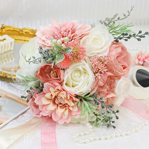 Wedding Bouquets for Bride Bridesmaid 8.5 Inch Dusty Pink Artificial Roses Flowers Bridal Bouquets for Bride Wedding Marriage Proposal Party Church Decoration - color: Pink