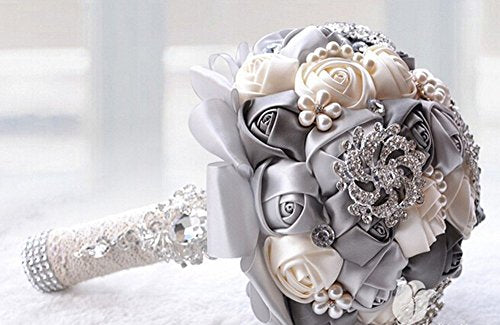 S_SSOY Romantic Wedding Bride Holding Bouquet Roses with Diamond Pearl Ribbon Valentine's Day Bouquet Confession (Gray) - color: Grey