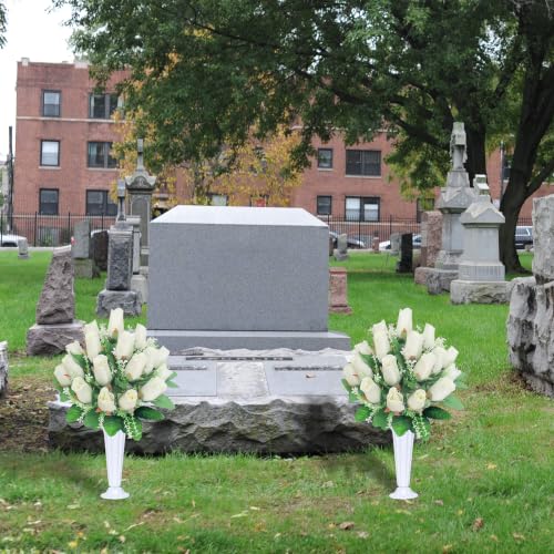 Artificial Cemetery Flowers for Grave,2Pack Memorial Roses Bouquets with Vase for Grave Tombstone Decorations(White) - color: White