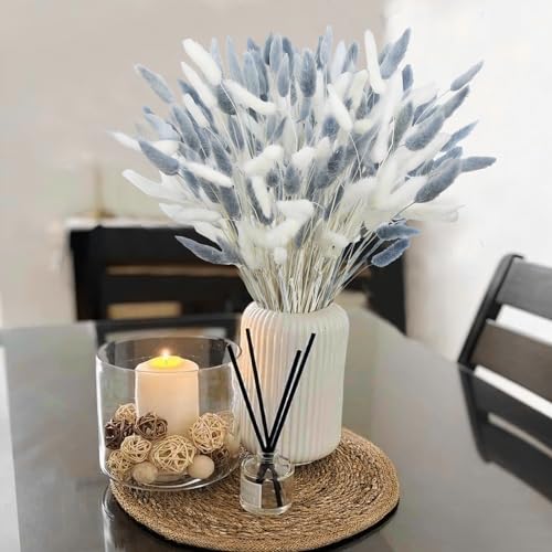 CITYES 120Pcs Dried Bunny Tails Flower Lagurus Ovatus Natural Dried Flowers Rabbit Tail Grass Gray and White Dried Pampas Grass Dried Floral Arrangement for Boho Decor Wedding Home DIY Farmhouse Table - color: White and Grey