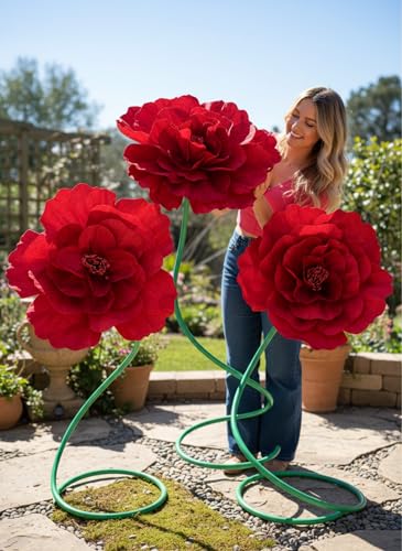 2 Pcs 5ft Large Peony Flowers Giant Artificial Red Peony Standing Huge Handcrafted Flower for Window Reception Banquet Ceremony Floral Decor Garden Hotel Office Birthday Wedding Party