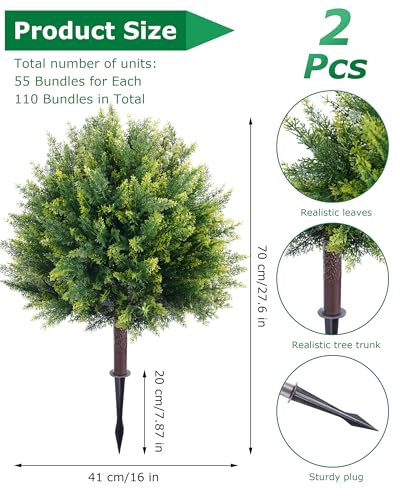 27.6'' Artificial Cedar Topiary Trees with Spikes, Set of 2 Fake Pine Shrubs Bushes Plants UV Resistant Evergreen Faux Cypress Tree for Planter Front Porch Outdoor Spring Decor Pot Fillers - size: 27.6inch-cedar