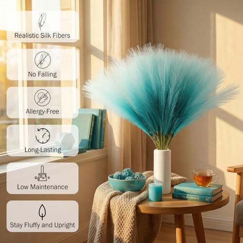TORONTOKYO Light Blue Pampas Grass Decor, 50Pcs 21.6 inch Artificial Short Faux Pompas Grass, Boho Neutral Home Decor Bouquet for Floor Vase, Wedding, Party, Farmhouse, Bedroom Decor (Turquoise) - color: Turquoise, size: 21.6inch-50Pcs