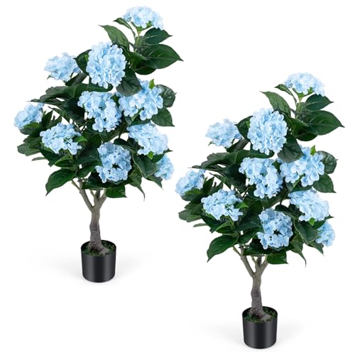 Goplus Artificial Hydrangea Tree, 2 Pack Fake Floral Plant w/11 White Flowers & Realistic Trunk in Plastic Nursery Pot, Indoor Silk Flower Tree for Home Office Living Room Housewarming Gift (Blue) - color: Blue