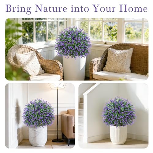 24" Artificial Boxwood Topiary Trees, UV Resistant Faux Plants Shrubs Bushes Fake Greenery Plants for Front Door Indoor Outdoor Home Decor with Metallic Spike - color: Lavender Ball Tree