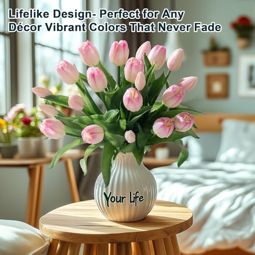Bailikang 20PCS Fake Tulips Artificial Tulip Silk Flowers Fake PU Bouquet Artificial Flowers Faux Flowers with Gift Box Soft Faux Tulips Bouquets Arrangements for Party Wedding Home - color: Light Pink