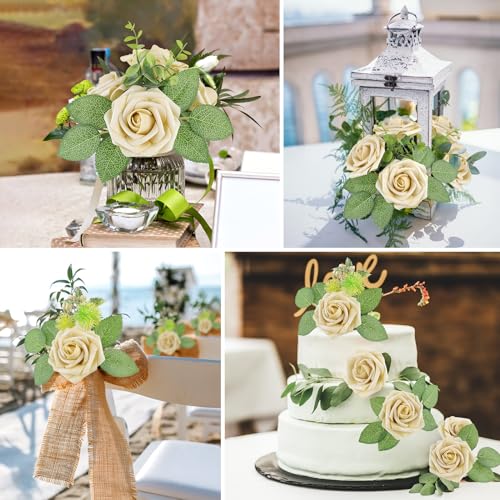 AmyHomie 25pcs Real Looking Artificial Beige Roses w/Stem for DIY Wedding Bouquets Centerpieces Arrangements Party Baby Shower Valentines Day Christmas Tree Decorations - color: Beige