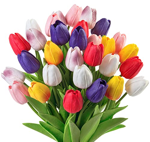 Ouddy Decor 30 Pcs Multicolor Tulips Artificial Flowers Real Touch PU Faux Flowers Fake Tulips Stems for Spring Summer Bouquet Floral Room Table Party Wedding Easter Mothers Gifts Home Decorations - color: Multi Color