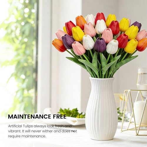 30 PCS Artificial Tulips Real Touch Tulips 13.5inch Long Stem Fake Flowers Silk Flowers for Spring Easter Mother's Day Decorations (MixedColor-2) - color: Multicolor-2