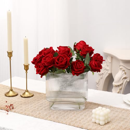 Ribbed Vase, Fluted Glass Vase for Flowers, Clear Flower Vases for Tulips, Modern Vases for Living Room, Dining Table, Office, Bedroom, Mantle, Shelf, Wedding, 7 Inch - color: Clear, size: Oval 7 Inches