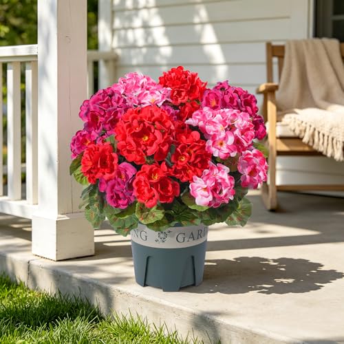 Geraniums Artificial Flowers for Outdoors, 2 Pack Potted Plants Faux Geraniums Bush Artificial Topiaries Realistic UV Resistant Fake Flowers Greenery for Outside Gardens Porch Patio Yard Indoor, Mix - color: 4 Red, 4 Fuchsia, 4 Pink
