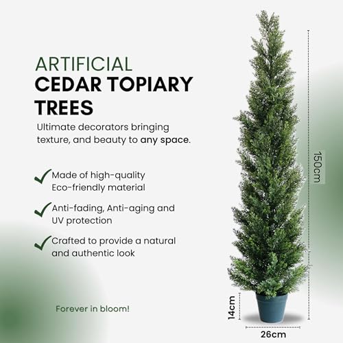 5 Feet Outdoor Artificial Topiary Cedar Tree, Set of 2 UV Resistant Potted Faux Cedar Trees for Outdoors and Indoors, Decorative Fake Shrubs Topiary Trees for Home Living Room Front Door Decor - size: 5ft