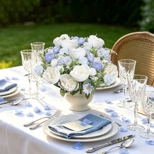 Bundles Artificial Peonies, 24 Bundles Silk Dusty Blue White Peonies with Stems Faux Peony Bundles for Summer Wedding Bouquet Home Bridal Baby Shower Party Centerpieces Vase Office - color: Dusty Blue & White