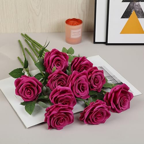 15pcs Fake Roses Artificial Silk Flowers Faux Rose Flower Long Stems Bouquet for Arrangement Wedding Centerpiece Party Home Kitchen Decor - color: Magenta